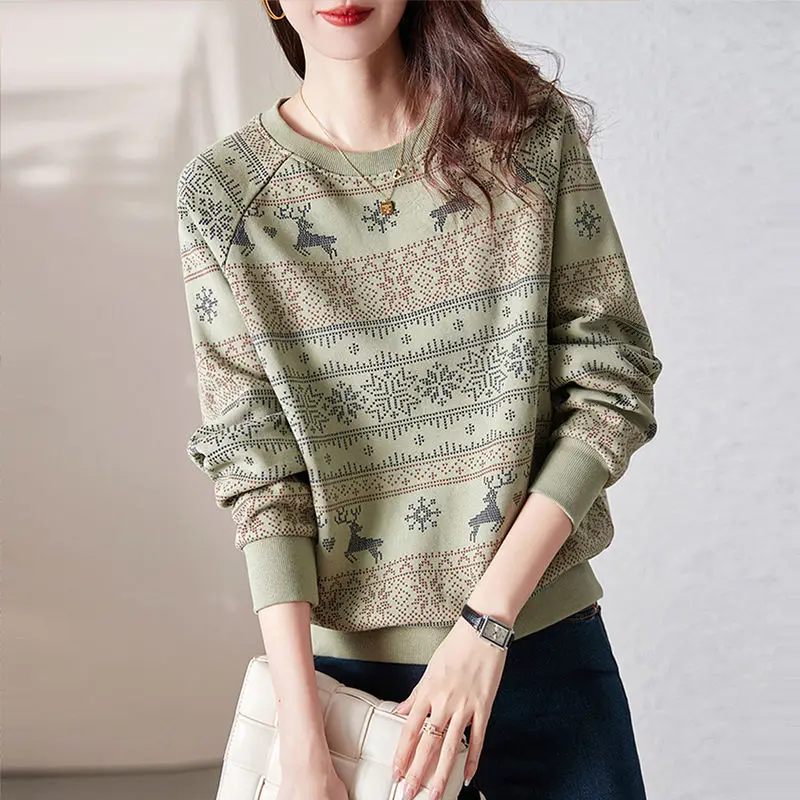 

Spring Autumn New Casual Printed T-shirt Female Clothing Commute Spliced Loose Korean All-match Round Neck Long Sleeve Pullovers