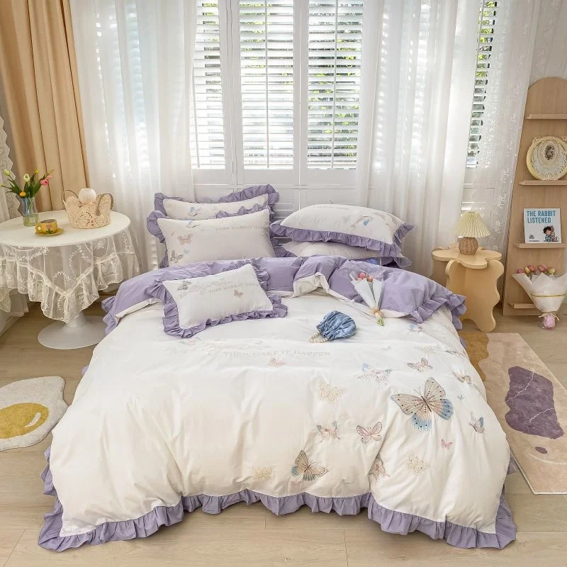 

Luxury Butterfly Embroidery Princess Bedding Set 100% Washed Cotton Ruffles Quilt/Duvet Cover Bed Linen Fitted Sheet Pillowcases