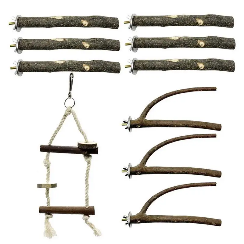 

10pcs Bird Parrot Perch Stand Set Raw Wood Fork Stand Rack Toy Branch Perches For Bird Cage Accessories Supplies Drop Shipping