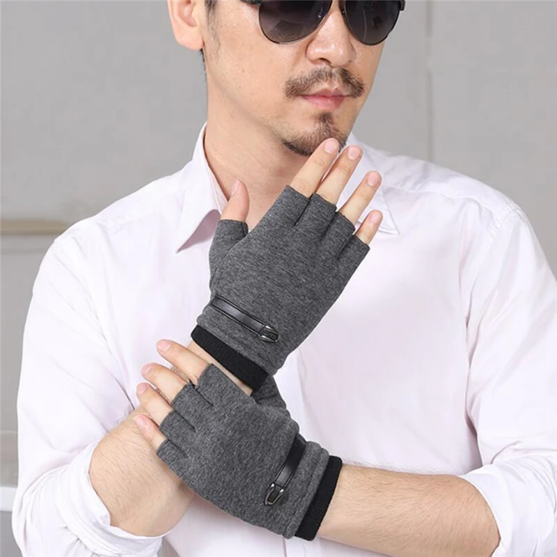 

Fingerless Men Gloves Driving Suede Leather Black Grey Half Finger Men Elastic Outdoor Bike Mittens Winter Warm Gloves