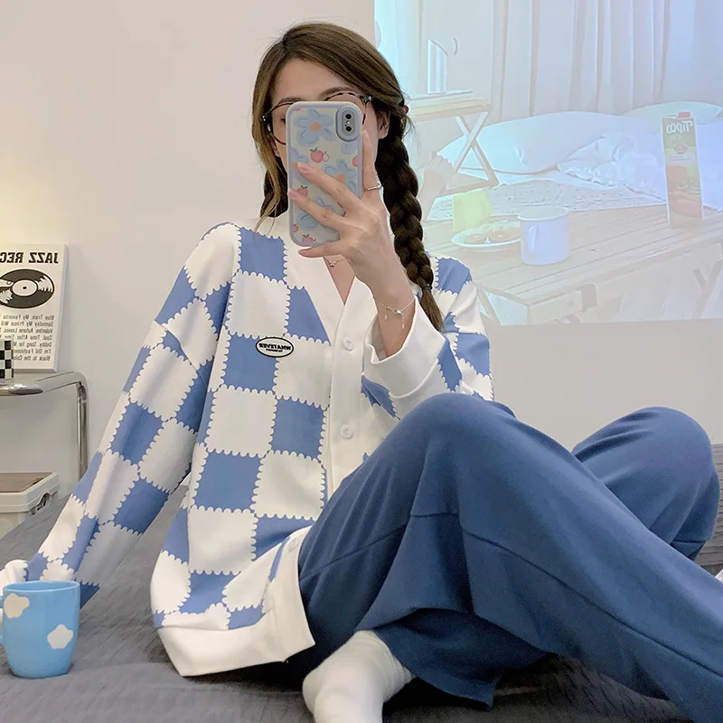 Yasuk Spring Autumn Fashion Women's Casual Soft Plaid Sleepwear Homewear Pajamas Set With Pants Sweet Lovely Girl Blue