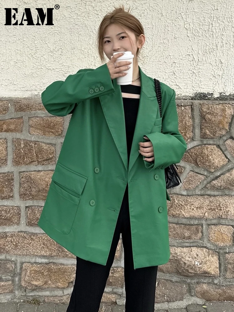 

[EAM] Женский Зеленый Блейзер из искусственной кожи большого размера, новая свободная куртка с отворотом и длинным рукавом, модная демисезонная 2023 1DF6192