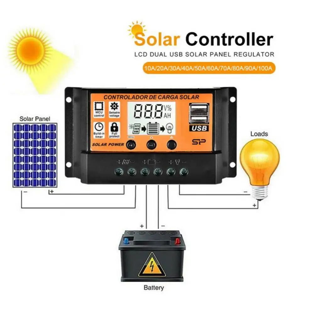

10A-100A Solar Controller MPPT Auto Solar Charge Controller LCD Dual USB 5V Solar Panel Battery Charge Regulator
