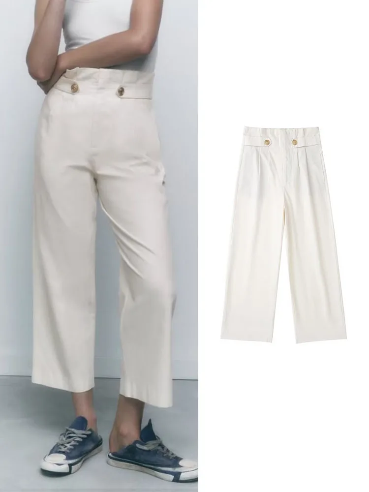 

Брюки TRAF женские с широкими штанинами, однотонные повседневные уличные штаны на молнии, с завышенной талией и карманами, два цвета, весна-ос...