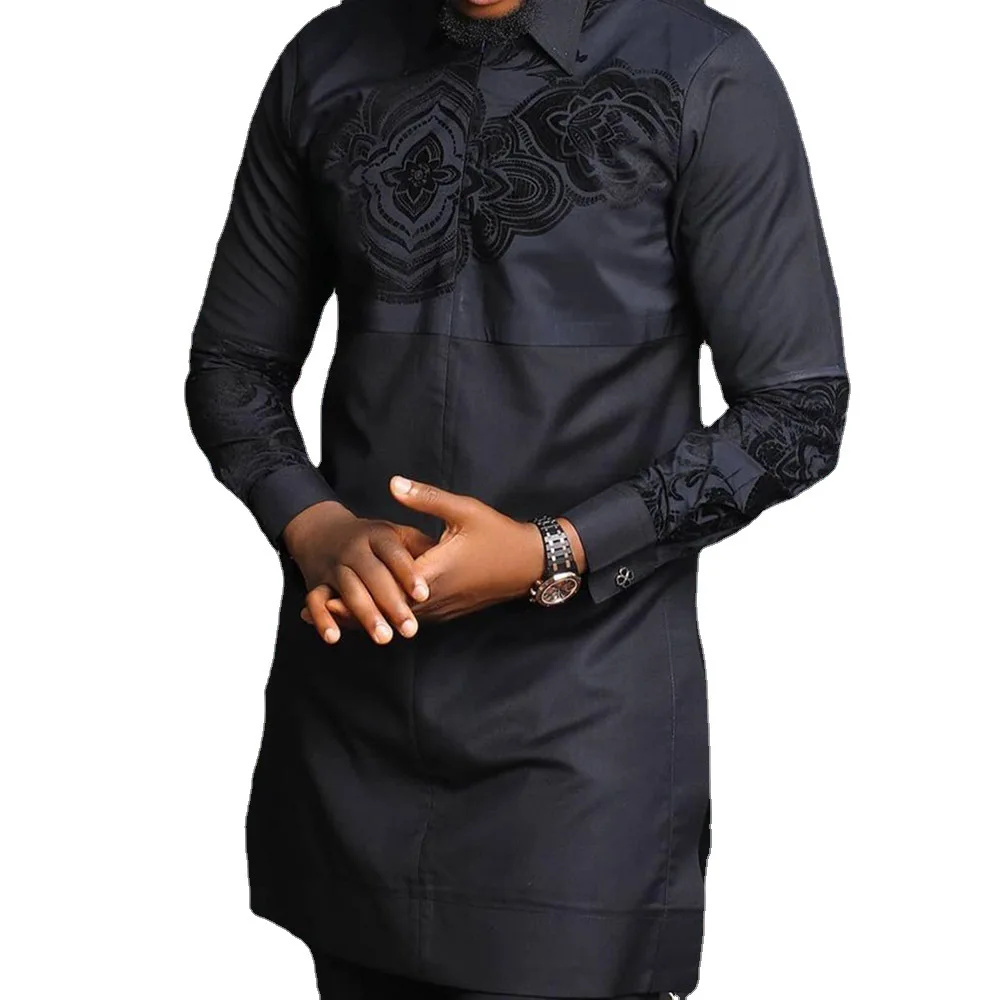 Muslim Fashion Men Shirt Africa Dubai Long Sleeve Top Casual Arabian Print Youth Black Cotton Lapel Indian Male Islamic Clothing