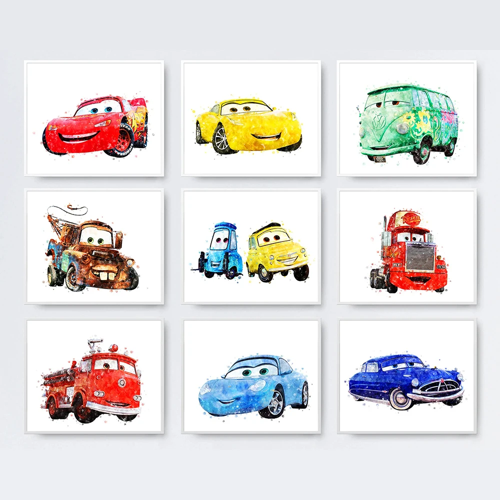 

Disney Cars Lightning McQueen Tow Mater Watercolor Poster and Print Pixar Canvas Painting Wall Art Living Room Home Decor