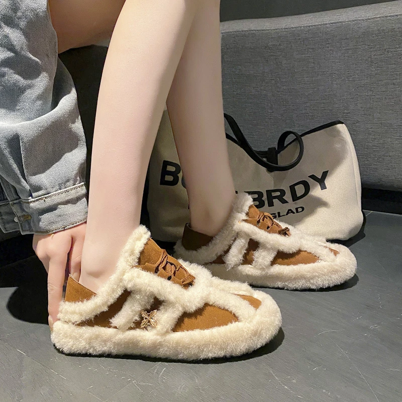 

Women Shoes Autumn Loafers Fur Round Toe Casual Female Sneakers All-Match Clogs Platform Fall Winter New Moccasin Creepers Solid