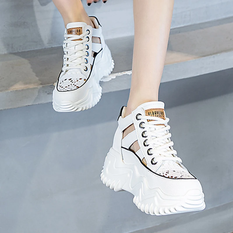 Mesh Genuine Leather Hollow Strap Design Comfy High Brand Breathable Shoes Chunky Sneakers Spring Summer Platform Wedge Shoes