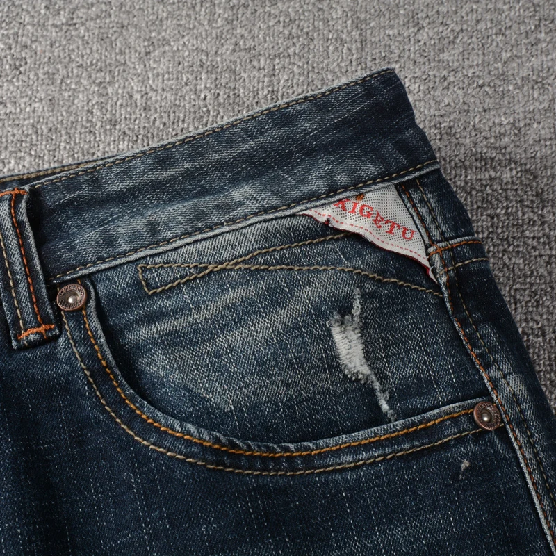 Fashion Designer Men Jeans Retro Black Blue Stretch Slim Fit Ripped Jeans Men Embroidery Patched Vintage Denim Pants Hombre