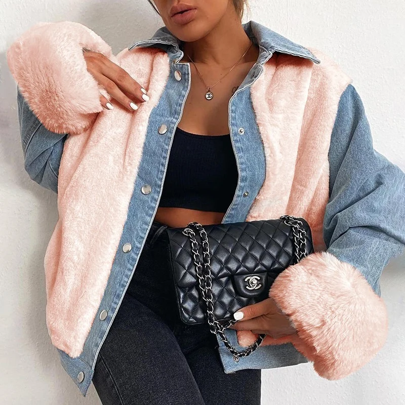 Warm Fleece Denim Patchwork Coat Fashion Jacket Ladies Autumn and Winter Casual Loose Long-sleeved Jacket Streetwear Crop Jacket