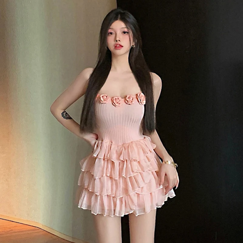 

Pink Women Mini Dress Fashion Sweet Kawaii Flower Decoration Tube Top Women Cute Summer Dresses For Women 2022 Cake Dress 원피스
