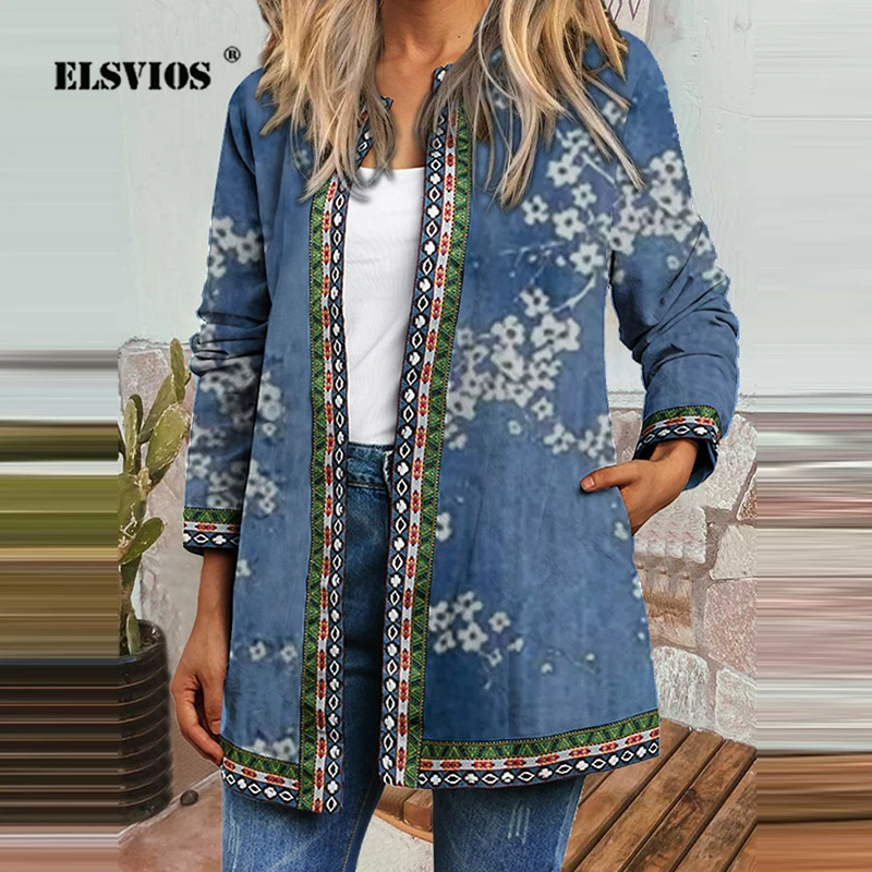 

ELSVIOS Autumn Winter Fashion Loose Women Folk-custom Print Jacket Coats Casual Retro Long Sleeves Coats Elegant Cardigan Coats