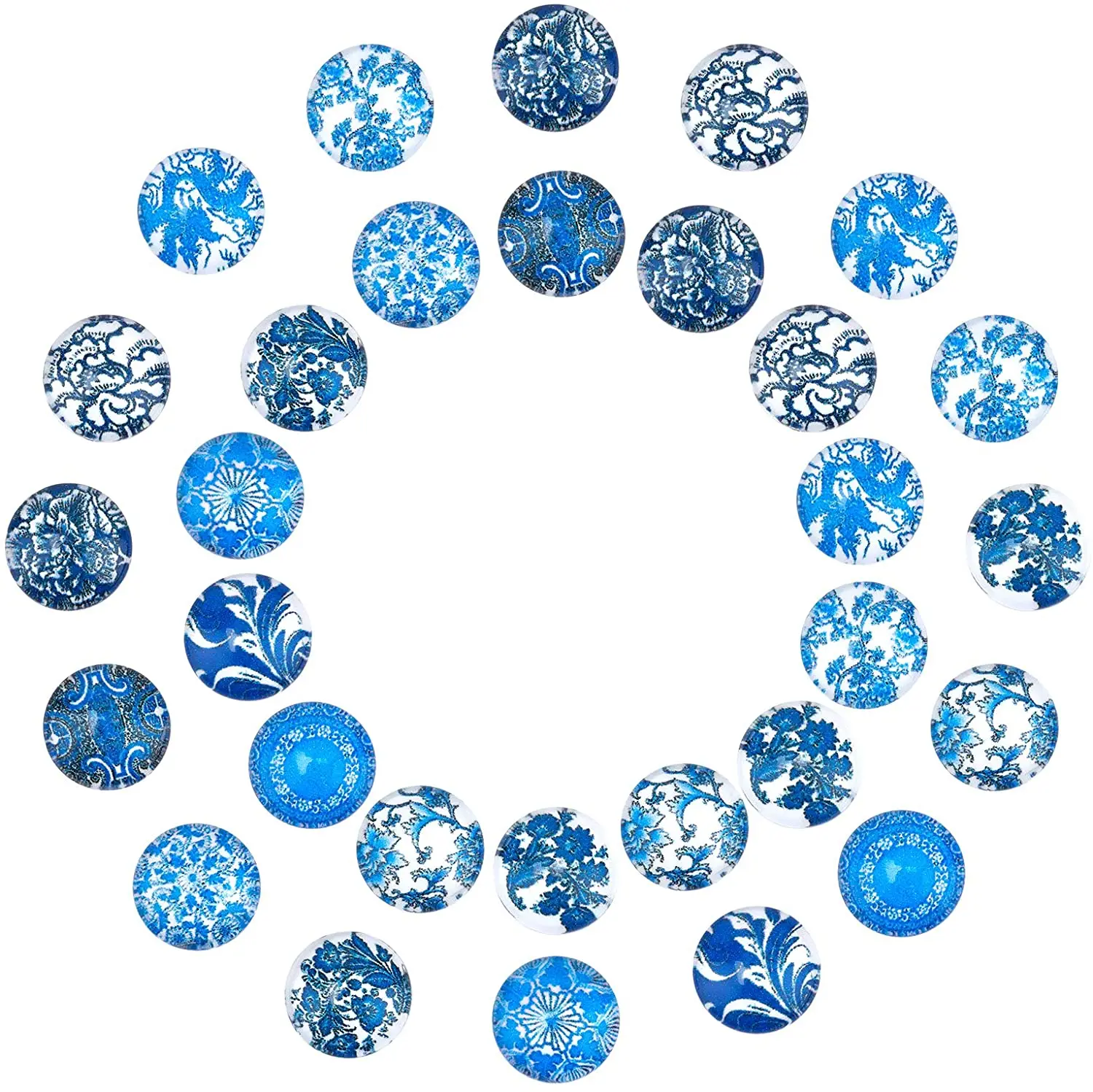 

200 PCS 10mm Printed Glass Cabochons Flatback Dome Cabochons Mosaic Tile for Photo Pendant Making Jewelry Blue and White