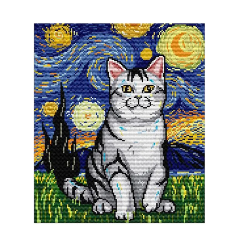 

A50I Starry Night And Cats DIY Art Pattern Cross Stitch Embroidery 11CT Fabric Needle Thread Kits Children's Room Decor