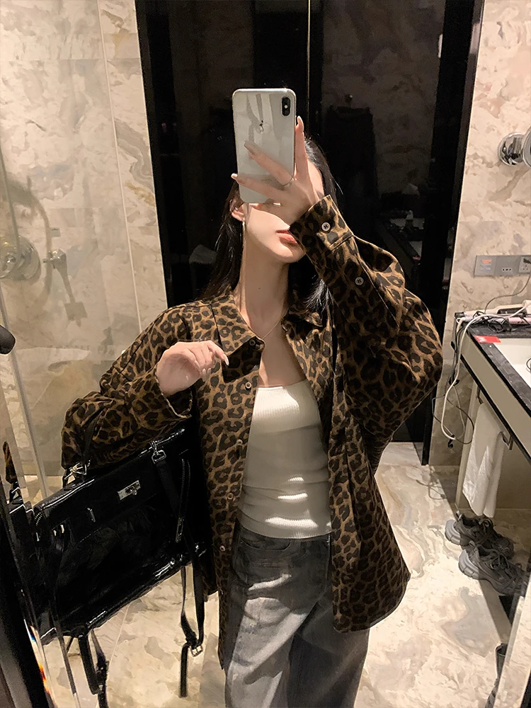 American retro Sle Gyaru Leopard Print Polo Collar Shirts Women Autumn New Idle Loose Slimming Temperament Top |