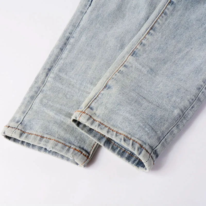 Street Fashion Men Jeans Retro Light Blue Elastic Stretch Skinny Fit Ripped Jeans Men Pink Patched Designer Hip Hop Brand Pants