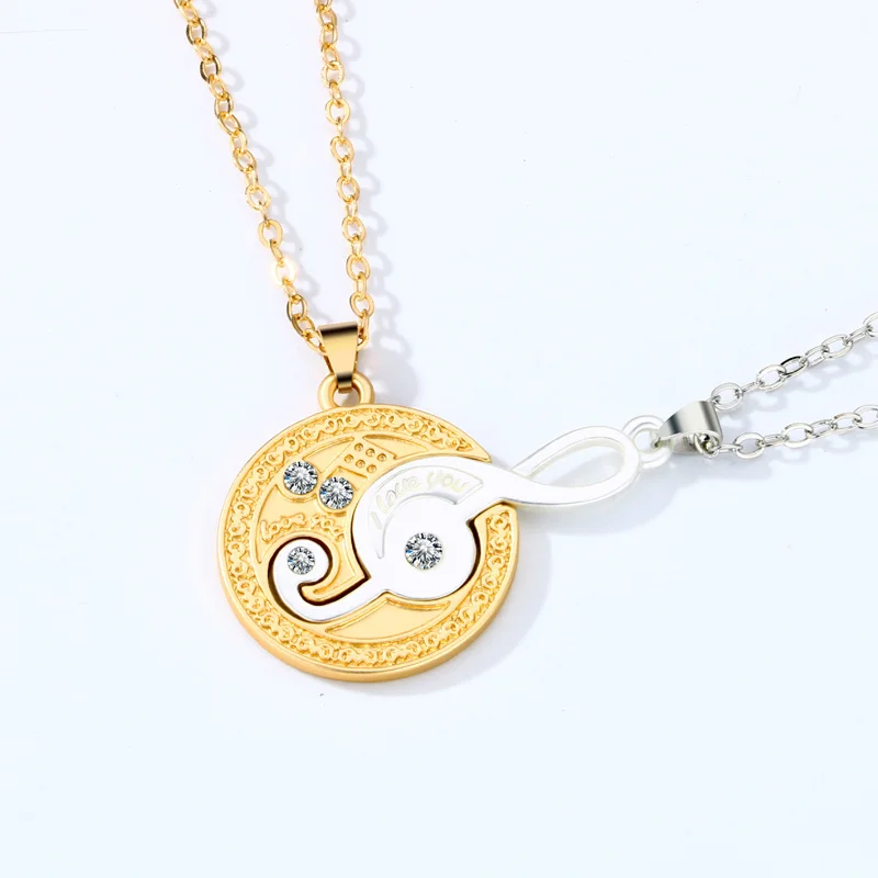 

2Pcs Note Splicing Necklace Friendship Round Pendant Necklace Valentine's Day Jewelry Present Couple Party Necklaces