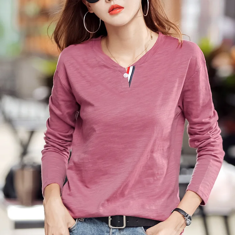 

Long-sleeved T-shirt Women's Spring Autumn Loose Bottoming Shirt All-match Solid Color Slub Cotton Korean Fasion Cotton Top 2022