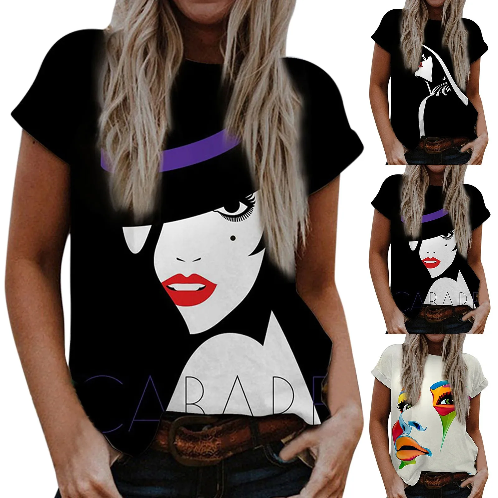 

Женские летние футболки с 3D-принтом лица, свободные футболки с коротким рукавом и круглым вырезом, Женская свободная футболка, женская одеж...