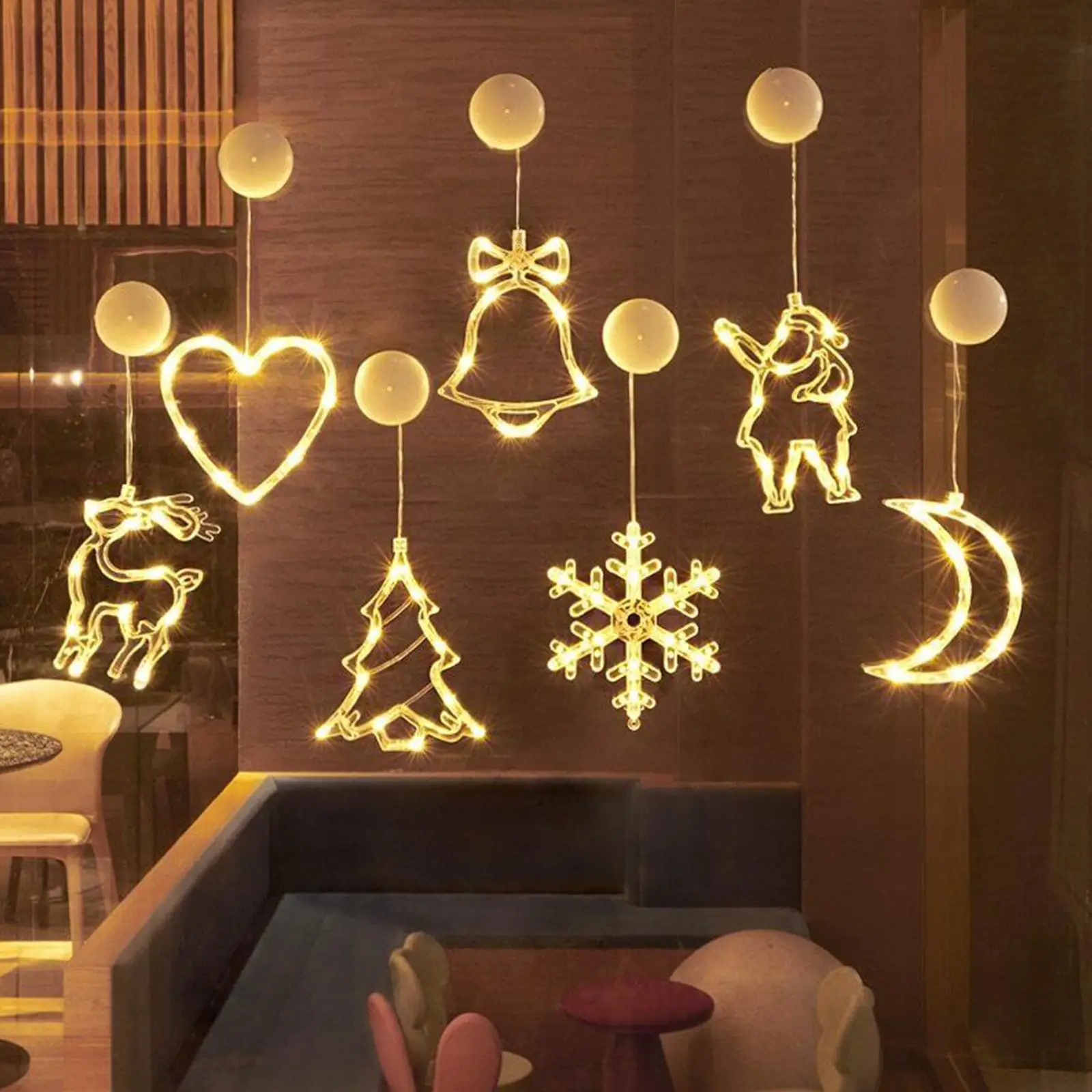 

Christmas LED String Light Star Bell Snowman Elk Suction Cup Fairy Light Pendent for Home Xmas Tree Window Hanging Decoration