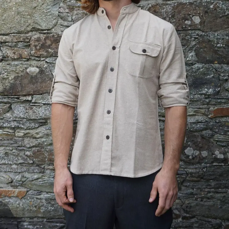 

2022 European and American new men's new cardigan solid color casual Henry collar long-sleeved shirt men