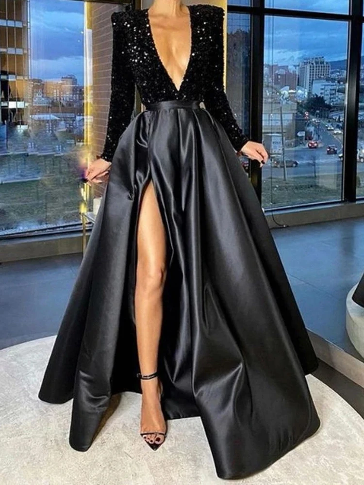 

PLEINDI Luxurious Evening Dresses V-Neck A-LINE Long Sleeves Floor-Length Chiffon 2022 New of Sequined Exquisite Prom Wome Dress