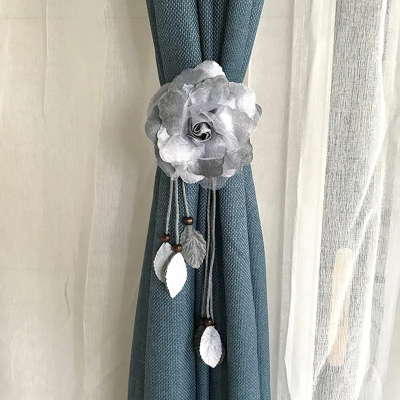 

A Pair Chiffon Flower Tassel Clip Tie Back Decorative Rope Curtain Accessories