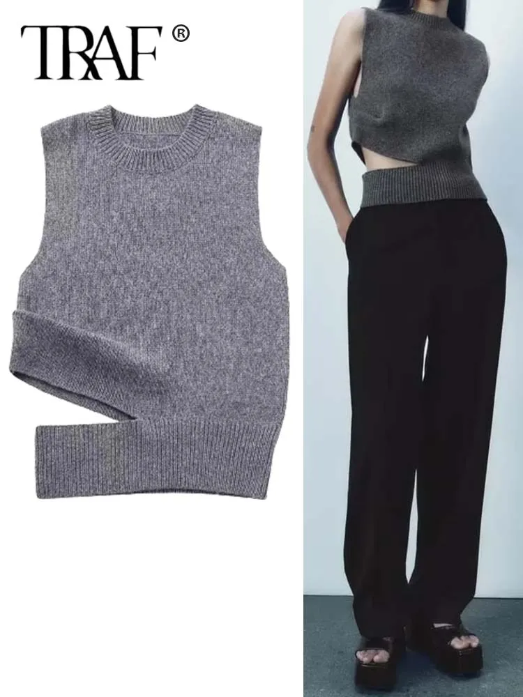 

TRAF Woman Opening Design Knitted Sweater Vest Fashion O-Neck Vintage Sleeveless 2023 Autumn Causal Elegant Pullover Slim Tops