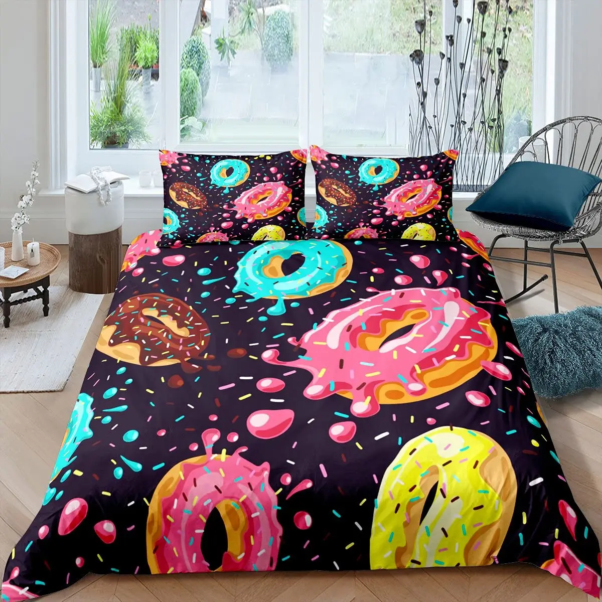 

Creative Dessert Bedding Set Pink Donuts Pattern Quilt Cover 2/3pcs 200x200 Full Twin Size Girls Bedclothes Bed Linen(NO Sheet)