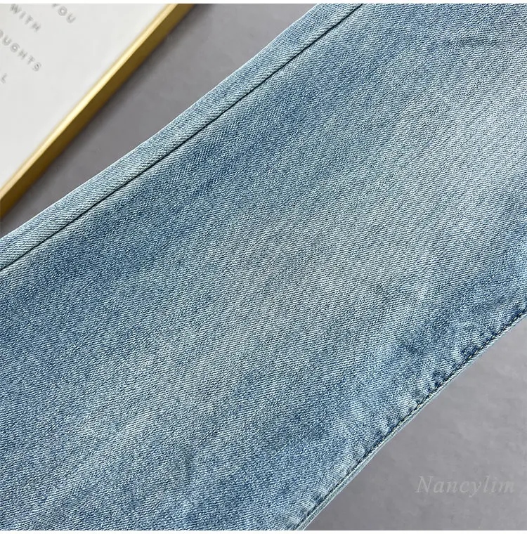 Rhinestone Denim Bell-Bottom Pants Women's Trendy 2023 New Spring Summer Stretchy High Waist Slimming Mop Pants Blue Jeans