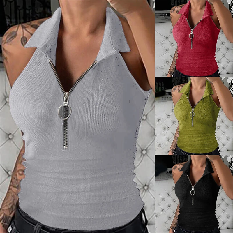 

Топ женский укороченный на молнии, пикантная майка с V-образным вырезом, без рукавов, с лацканами, классический однотонный облегающий топ дл...