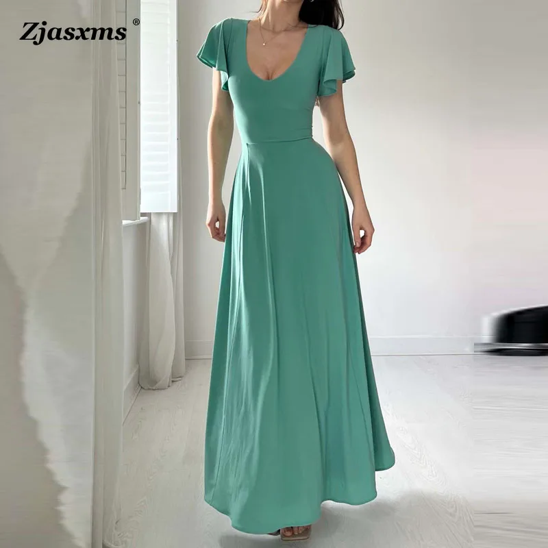 

Fashion Casual O Neck Party Dress Sexy Women Flying Sleeve Maxi Dress Summer Female Solid Color Lace Up Slim A Line Office Dress