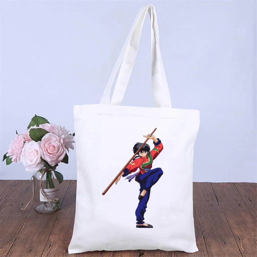 

ONE HALFHandbag Ranma12 Amine Shoulder Canvas Bags Teens Storage Pocket Double Print Shopper HandBags Vintage Pouch Tote Bag