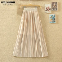 spring summer pleated tea length womens vintage high waist solid long skirts new fashion casual metallic skirt female clothes