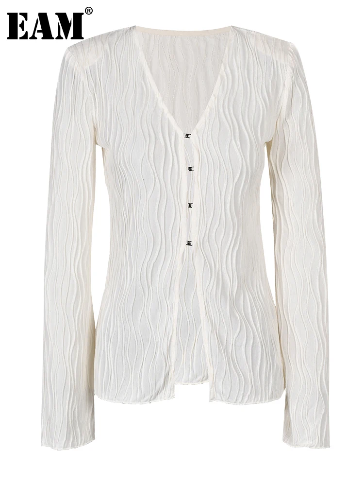 

[EAM] Женская белая плиссированная Элегантная блузка, новая свободная рубашка с v-образным вырезом и длинным рукавом, модная весенне-осенняя 2023 1DF674900