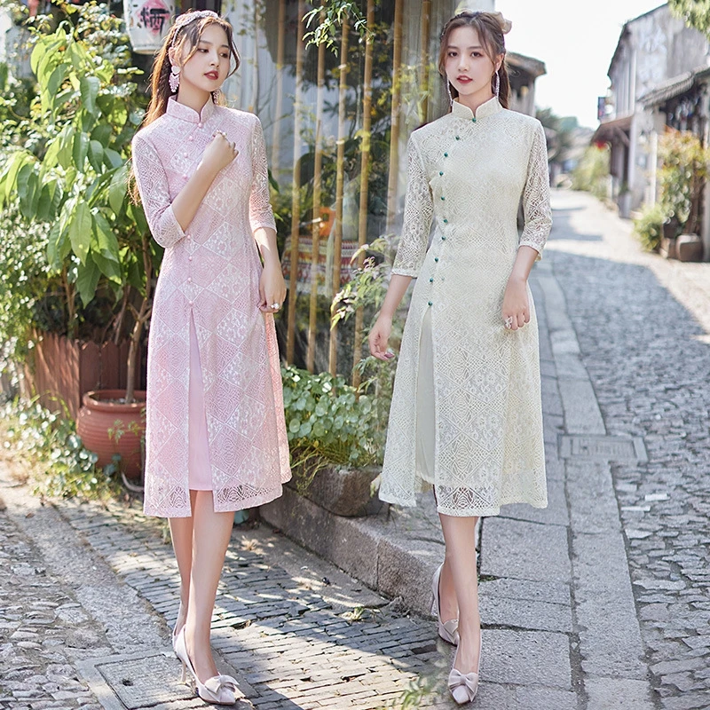 

Improved Lace Cheongsam Floral Lotus Big Sleeve Soft Vintage Dress Slim Women Costumes Elegant Long Qipao S To 4XL
