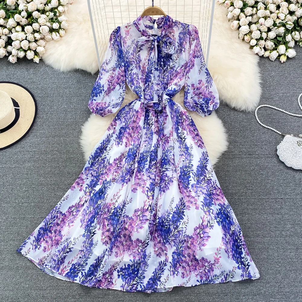 

SuperAen 2022 Summer Bow Tie Scarf Collar Waist Slim Three Quarter A Line Chiffon Dresses Women