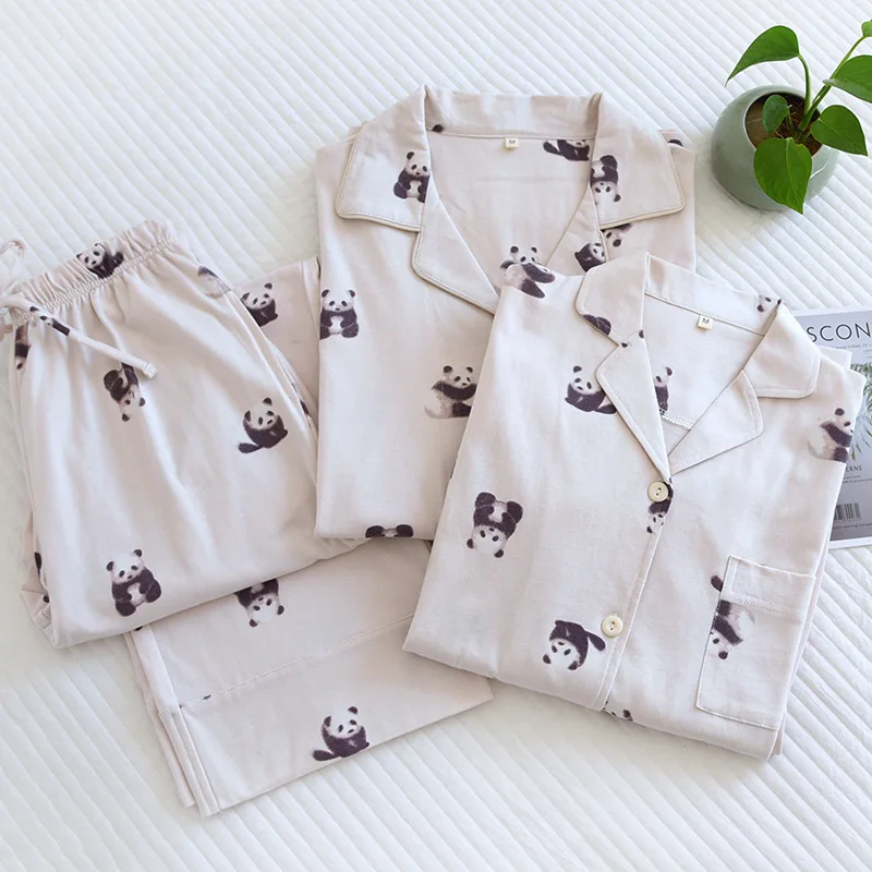 Panda Patterns 100% Cotton Knitted Women's Pajamas Set Home Wear Pajamas For Girls Sleepwear Loungewear Winter Pijama Pyjamas