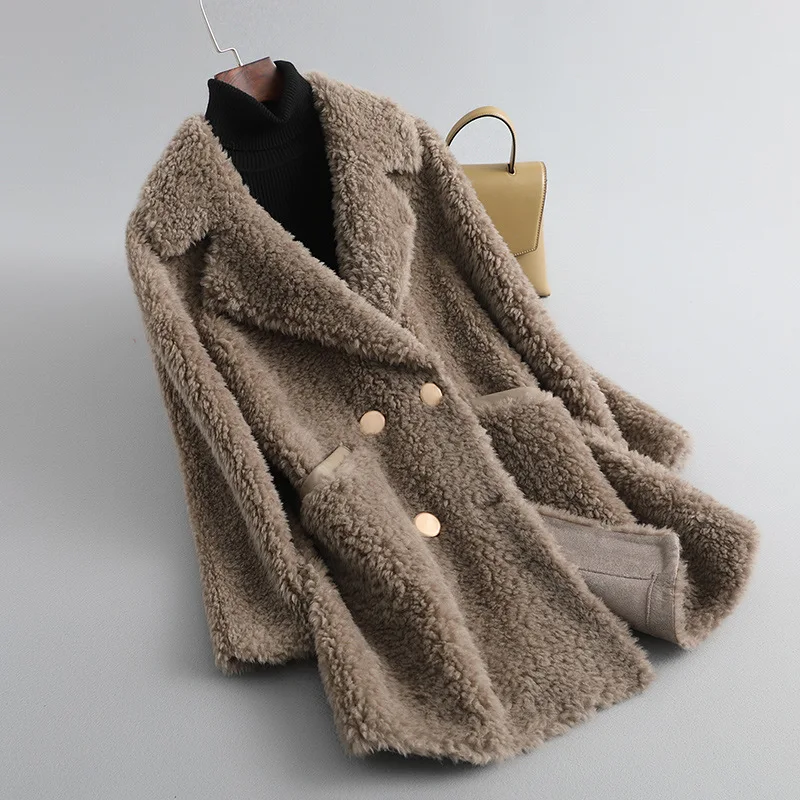 FURYOUME Winter Women Lamb Wool Shearling Coat Real Fur Coat Long Wool Jacket Thick Warm Streetwear Turn-down Collar Overcoat