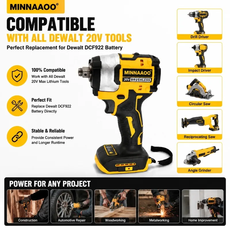 Фото Аккумулятор для бесщеточного ударного гайковерта Dewalt 20V MAX, беспроводного электрического инструмента с высоким крутящим моментом, мощный аккумулятор, совместимый для авторемонта. №2