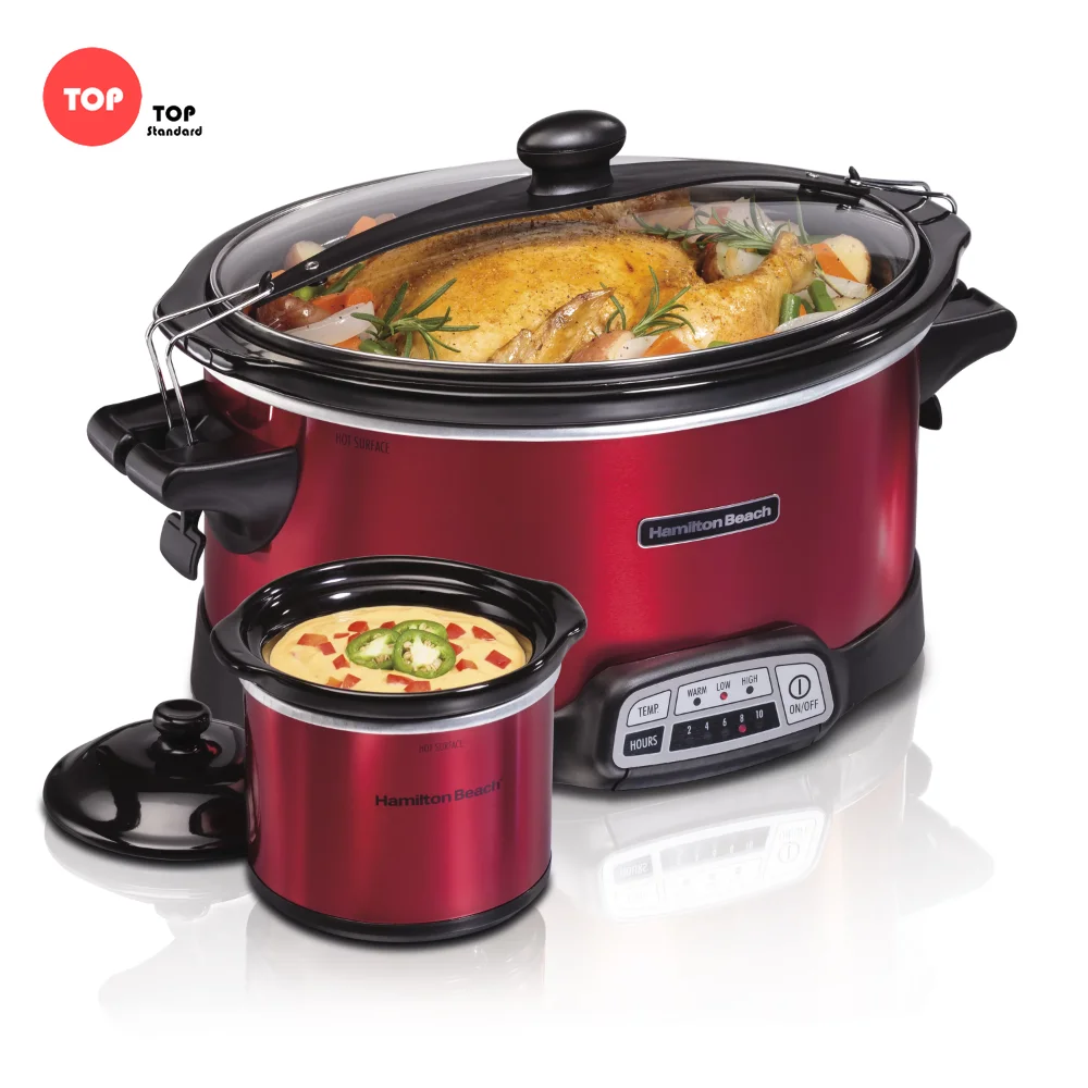 Hamilton Beach 7 Quart Stay or Go Programmable Slow Cooker with Party Dipper, Red, 33478