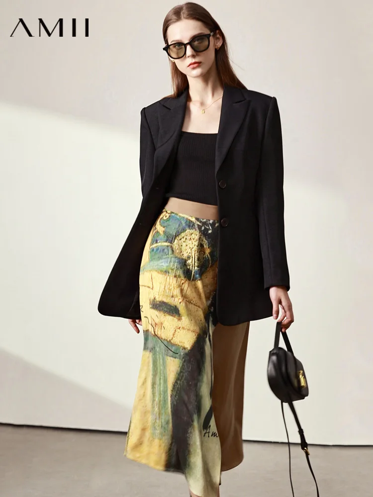 

Amii Minimalism Spring Skirt For Women High Waist Paint Printed Satin Skirt Mid Length Office Lady Skirts Female Skirts 12230028