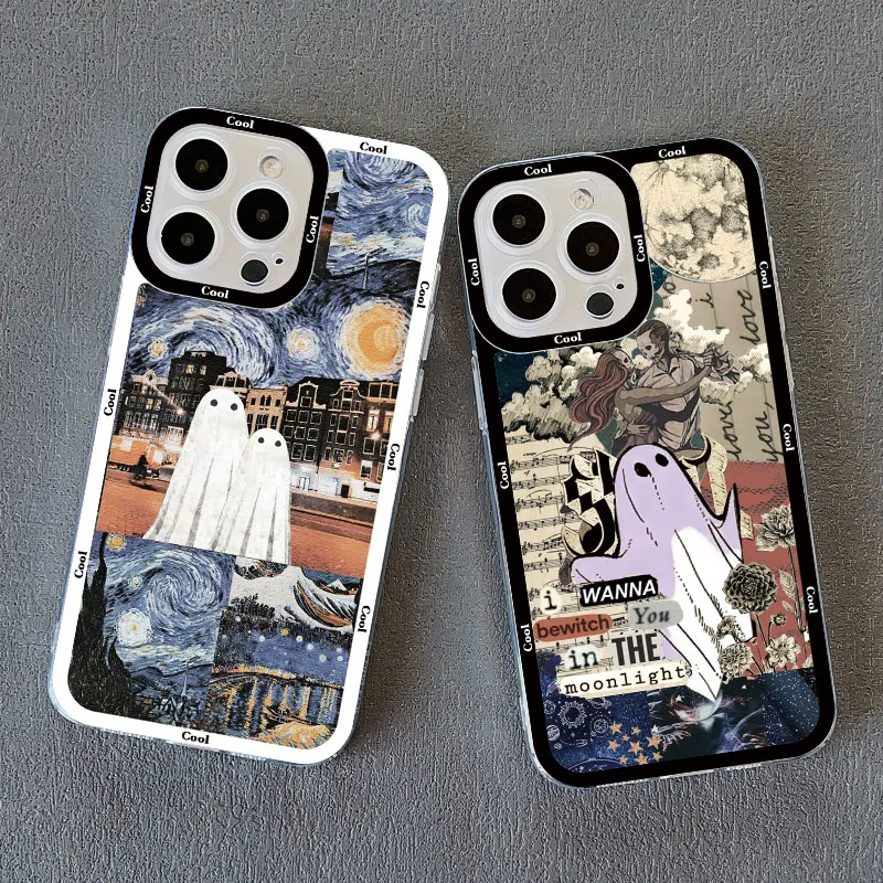 

Cute Ghost Clear Phone Case For iPhone 11 12 13 Pro Max 14 Pro Max XS X XR SE 7 8 Plus Creative Splicing Patterns Back Cover