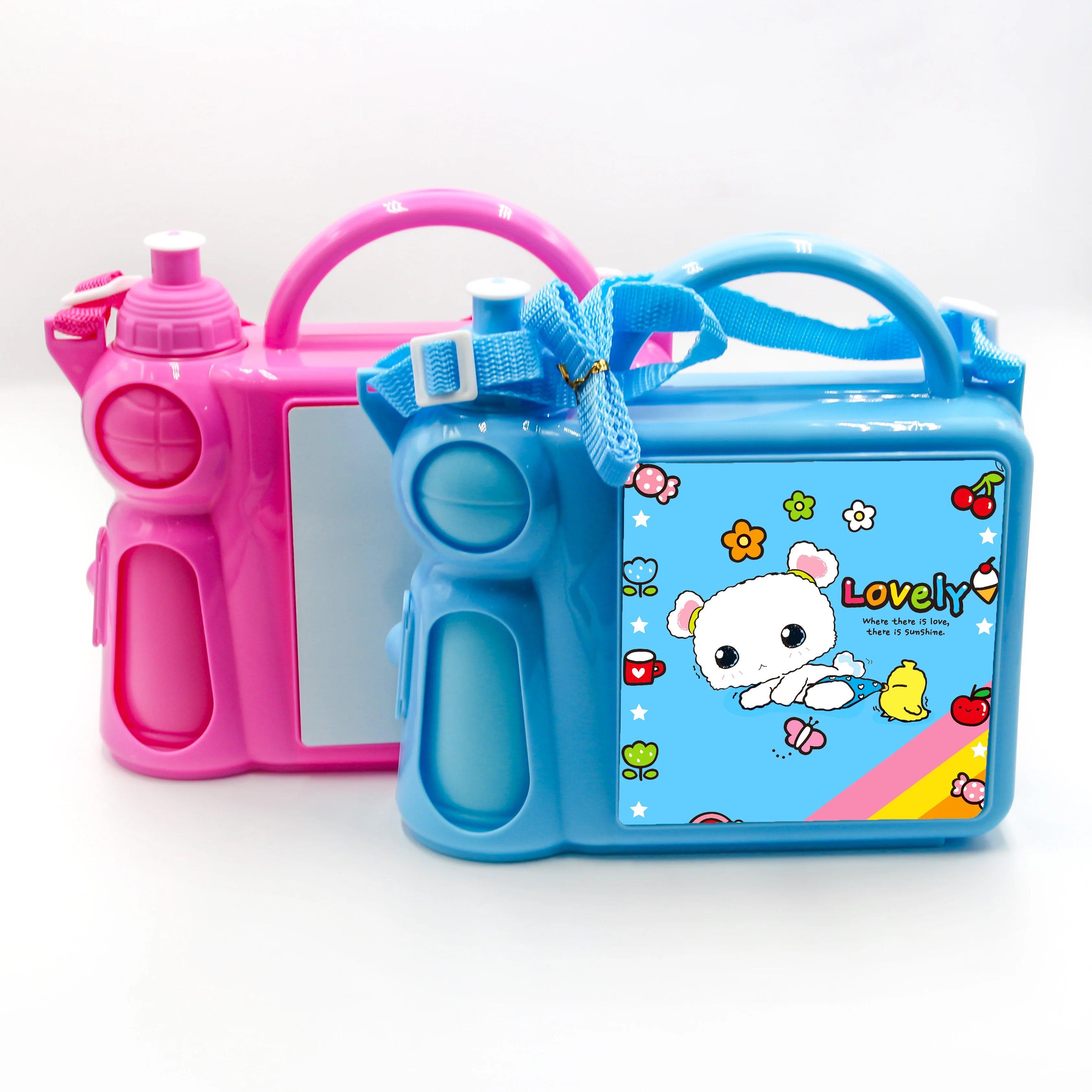 Free Shipping 10pcs/lot Blue/Hot Pink Sublimation Blanks Plastic Lunch Box With Water Bottle For Custom School Student Kid Gifts