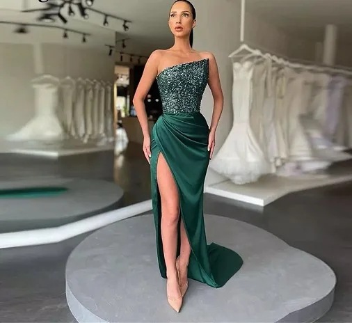 

Elegant Women High Waist Split Sexy Temperament Dresses 2022 Summer New Sexy Sleeveless Sequins Party Club Long Dress