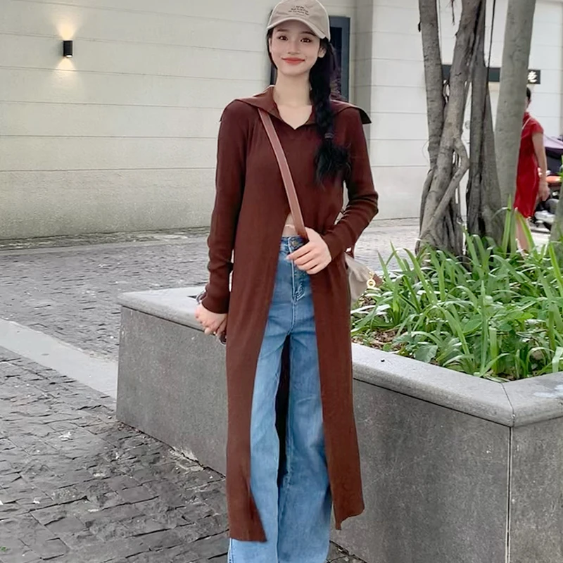 

Autumn Lady Elegant Slit Long Sleeve Pullover Sweater Outdoor Streetwear Knitted Top Women Solid Color Casual Long Sweaters 2023