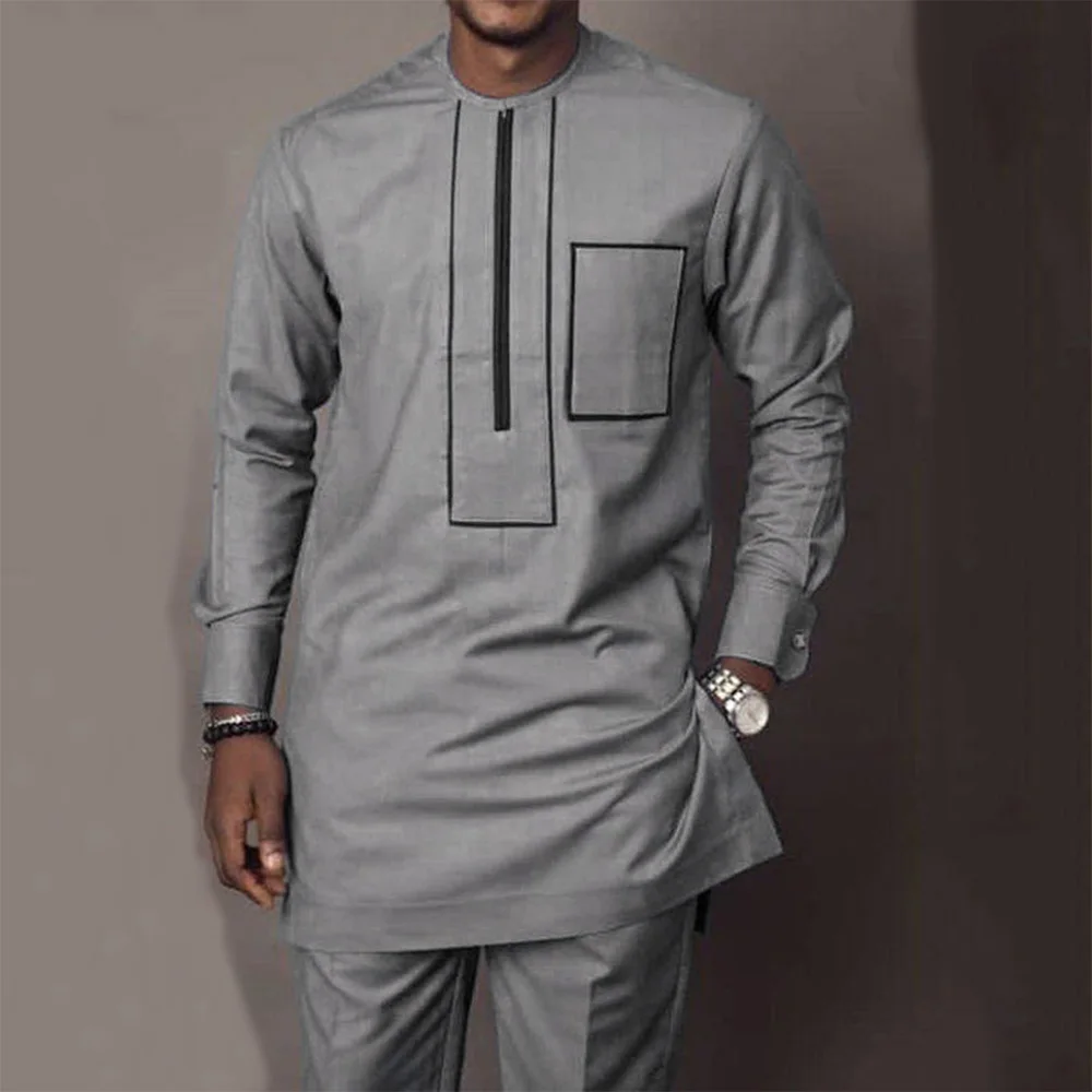 Dashiki Men's Clothing Set Long Sleeve Shirt Pants Suits 2022 Grey Zippied 2 Piece Outfit Set African Male Clothes (M-4XL))