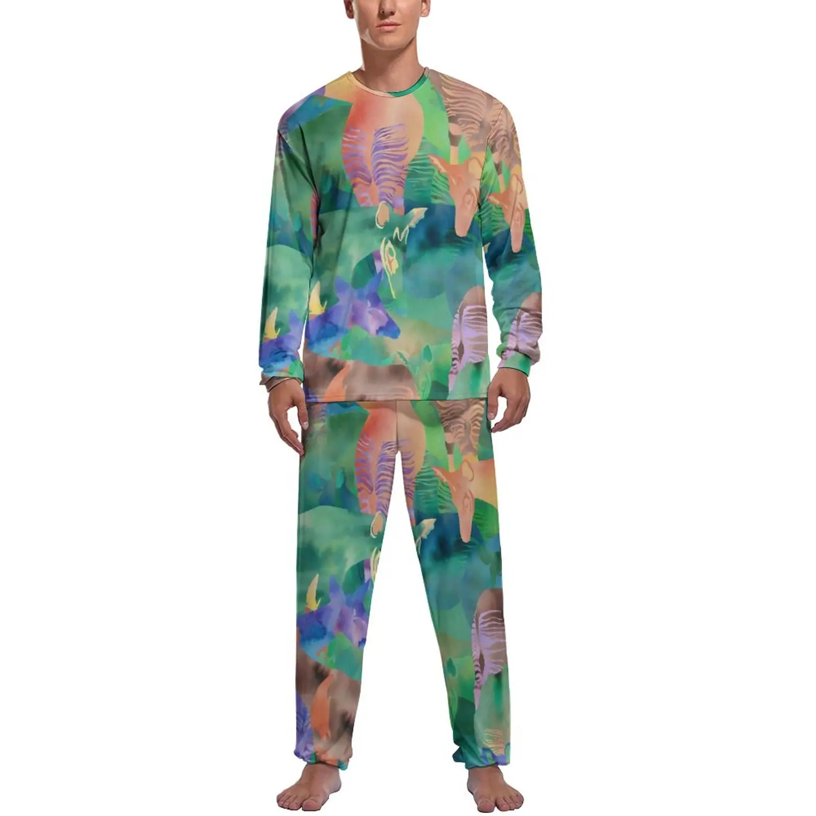 Abstract Giraffe Pajamas Male Rainbow Animal Print Romantic Sleepwear Autumn Long Sleeve 2 Pieces Bedroom Custom Pajama Sets