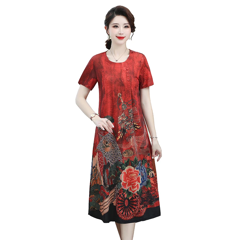 

Летняя одежда для мам 2022, молодежное платье средней длины, широкая Женская юбка в западном стиле с принтом для женщин среднего и пожилого во...