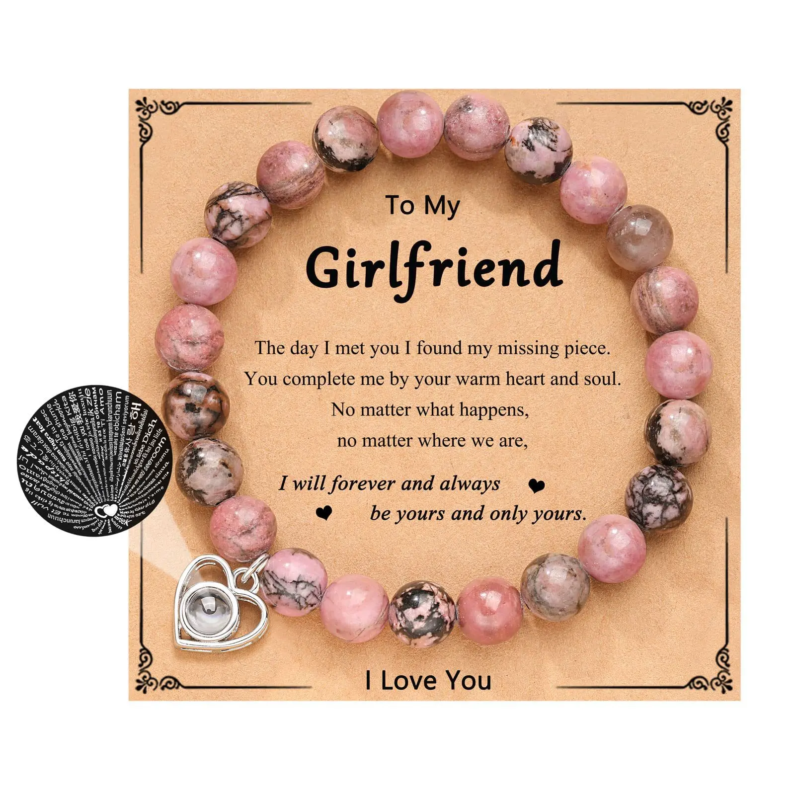 

BLACK VEIN RHODONITE BEADS BRACELET 8mm Natural Stone Beads Heart Charm Bracelet with Card 100 Languages Heart Charm Lucky Gift